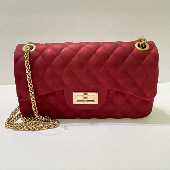 NWOT Le Miel Ruby Red Matte Jelly Medium Flap Bag Crossbody Gold Double Chain - Picture 12 of 12